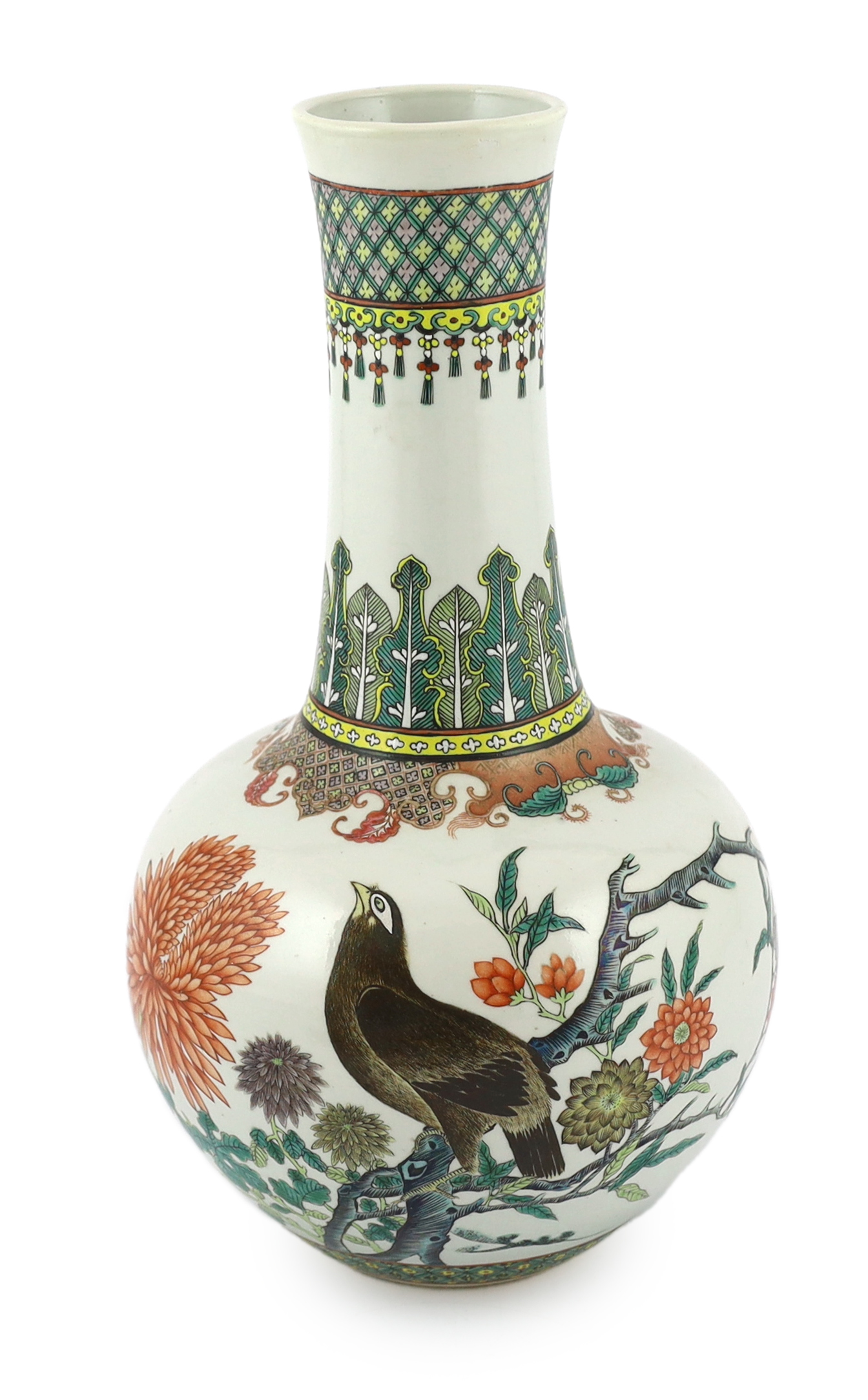 A Chinese famille verte ‘black bird’ bottle vase, Daoguang mark and of the period (1821-50), neck restored